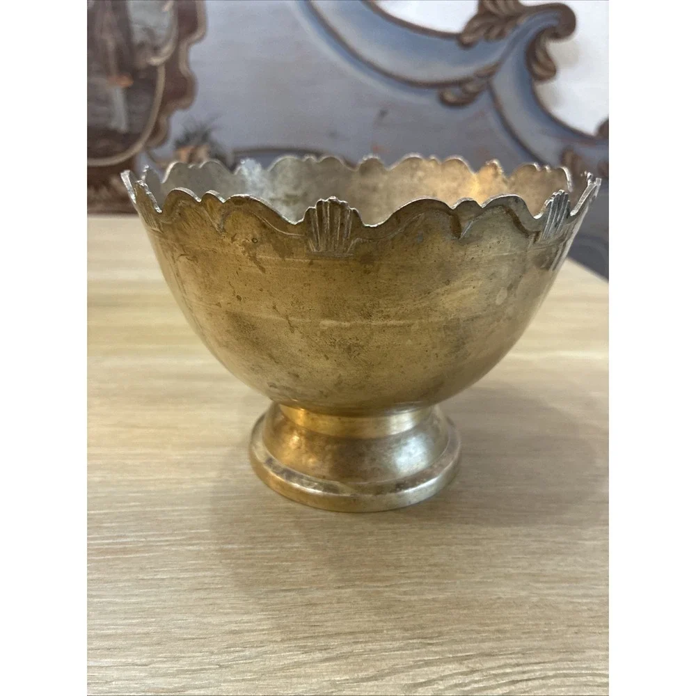 Solid Brass Bowl Scalloped Rim Pedestal Base VTG 6